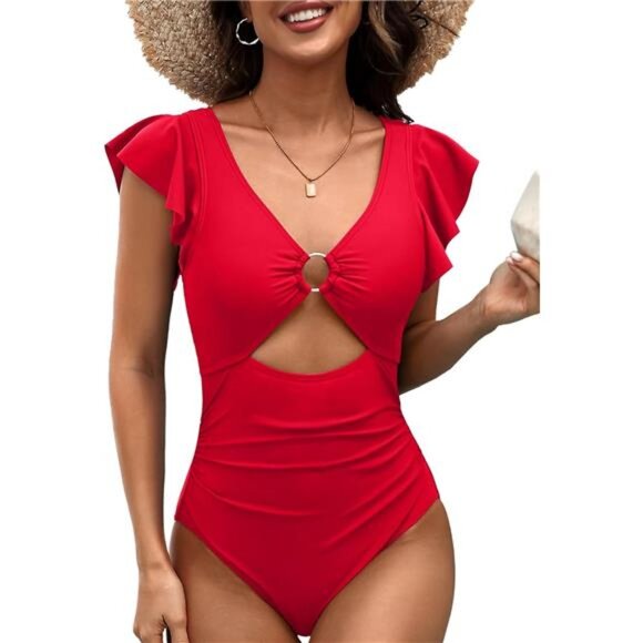 Ruffle One Piece Swimsuit Women O-Ring Cutout Bathing Suit Sexy Tummy